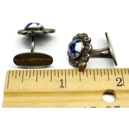 Vintage 925 Dutch Windmill Delft Blue Porcelain Cuff Links Beautiful - Picture 5 of 8