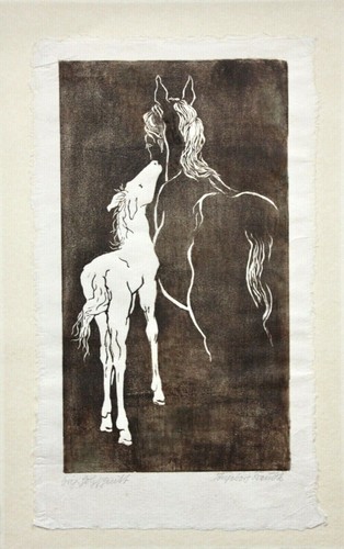 Ingeborg Fraudt, sign. Holzschnitt auf Japanpapier, Pferde, Stute mit Fohlen - Bild 1 von 12