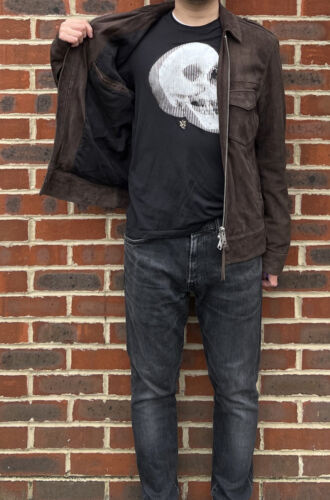 All Saints Mens OAKLEY Suede Bomber Biker Jacket SMALL Brown Military Leather - Picture 3 of 15