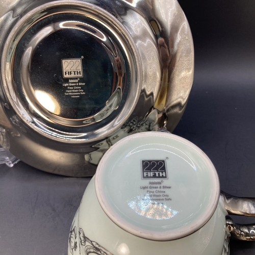 222 Fifth Fine Tableware Adelaide Tea Cup Saucer Silver Toile Birds Grey Floral - Picture 3 of 4