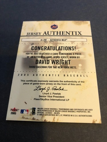 2005 Fleer Jersey Authentix. David Wright! Game-Used Jersey Card! Nice Card! - Picture 2 of 2