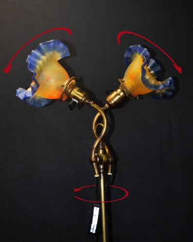 Rare 1890s French twin-arm Student lamp “FRICTION COLTROL” hand-made deco shades - Picture 7 of 21