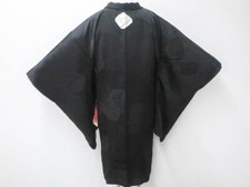 Japanese Vintage Haori Black Jacket Silk One Crest Leaf Woven Pattern eb-693