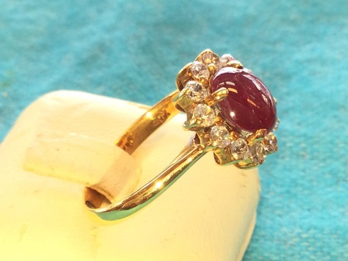 Anello oro rubino oro giallo 20 carati anello tailandese fatto a mano e gemme zirconi bianchi misura 6,5 US - Foto 7 di 11