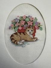 COMPLETED FINISHED CROSS STITCH CARD “CUTE CAT”