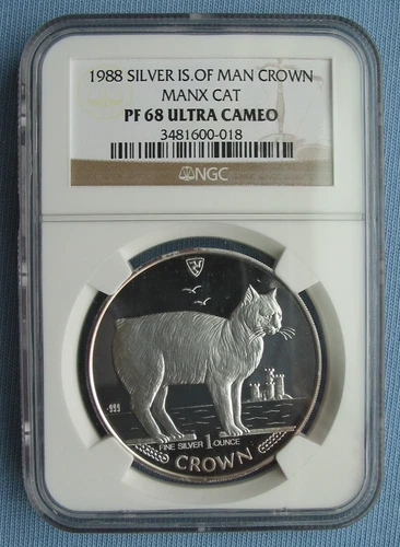 1988 Isle of Man 1 Crown Manx Cat 1 oz .999 Silver - NGC PF 68 Ultra Cameo