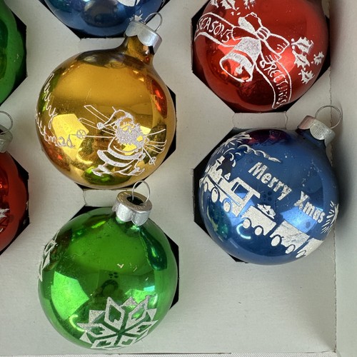 VTG Stencil Ornaments Santa w/ Skis Toys Train Drum Seasons Greetings Set Of 10 - Picture 10 of 12