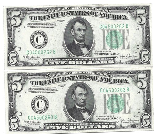 PAIR OF CONSECUTIVE CHOICE CU 1934C $5 FRNS
