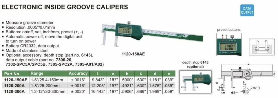 Insize Digital Caliper 1120-200A Electronic Inside Groove Caliper 1-8"/25-200 mm - Image 3 of 3