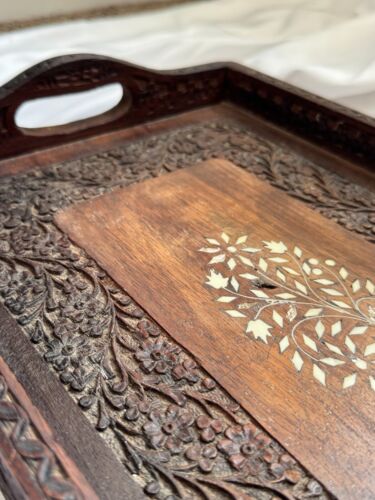 Handcrafted Wooden Serving Tray with Intricate Floral Carvings and Inlaid Design - Picture 2 of 11