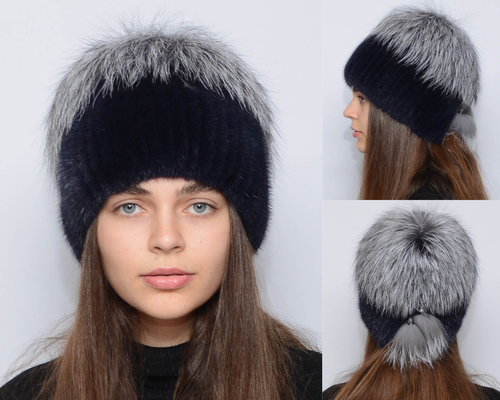 Pelzmütze Damen Winter Strick Pelzmütze warm Fell Beanie Mütze mit echtem Silberfuchspelz - Bild 15 von 42