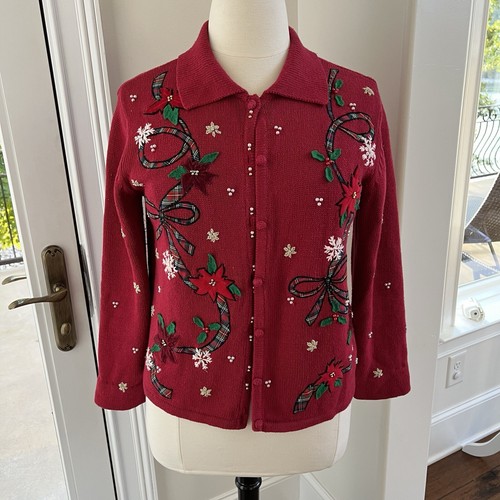 Cárdigan de Navidad Erika vintage para mujer mediano rojo verde tartán acebo - Imagen 11 de 11