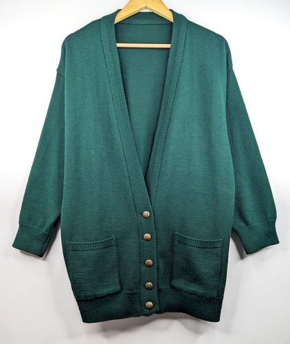 Vintage 90s Dark Green Gold Button Knitted Cardigan Size Medium M Casual Retro