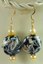 Black Lampwork with Designs  Earrings Fresh Water Pearls Handcrafted Jewelry