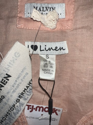Malvin I love Linen 3/4 Sleeve 100% Linen Tunic Dress Embroidered Peach S New - Picture 5 of 5