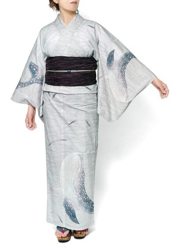 Yukata Women Cotton Washable Summer Kimono Traditional Whale Grey - Picture 12 of 15