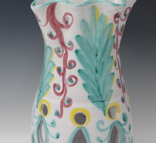 MID CENTURY ITALY TITO CORTI CERAMIC MODERN RETICULATED VASE 11.5 TURQUOISE RED - Picture 4 of 6
