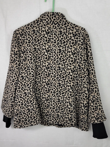 Chico's Women's Sz 2 Animal Print Jacket Black Grey Tan Hidden Snaps Ribbed Cuff - Picture 6 of 12