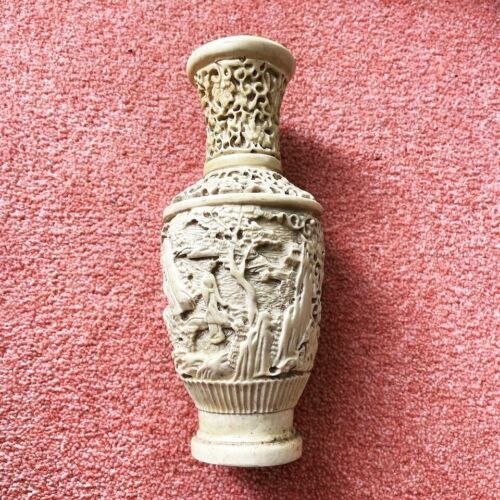 Antique Ivory Cream Chinese Carved Soapstone Vase Celestial Maiden Garden Scene - Picture 2 of 7