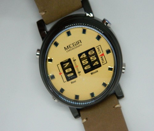 Men's Megir Roller Design watch in Carbon Black, Beige colour dial,Tan Strap - Picture 10 of 12