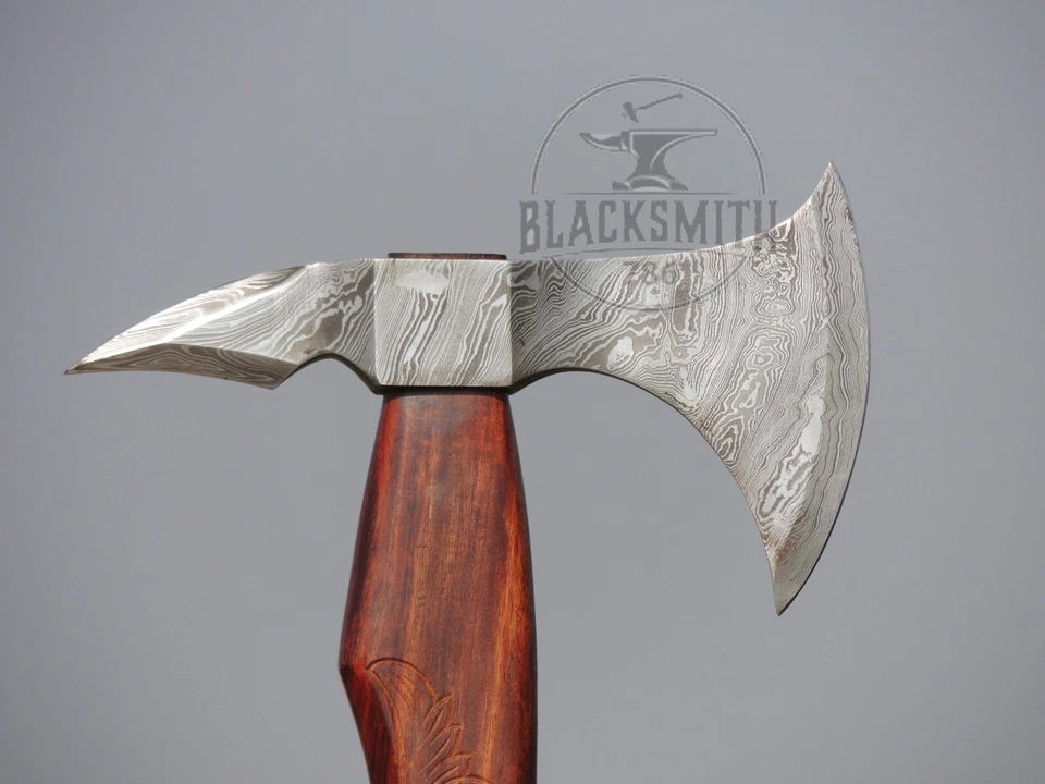 Rare Damascus Steel Hand Forged Tomahawk Spike Viking Axe 20" Rosewood Handle  - Image 2 of 4