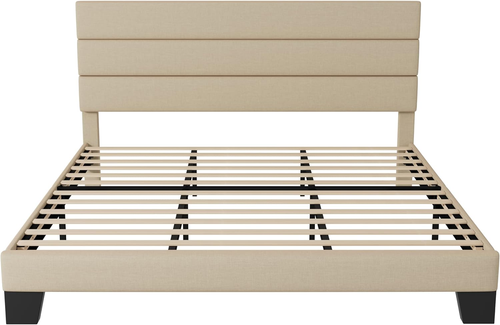 King Size Platform Bed Frame with Fabric Upholstered Headboard and Wooden Slats - Picture 8 of 12