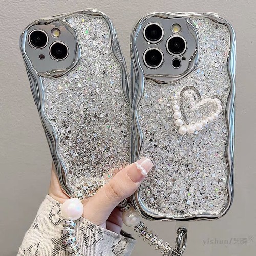 Case For iPhone 15 Pro Max 14 13 12 11 XR XS Glitter Pearl Lanyard Phone Cover - Picture 1 of 7