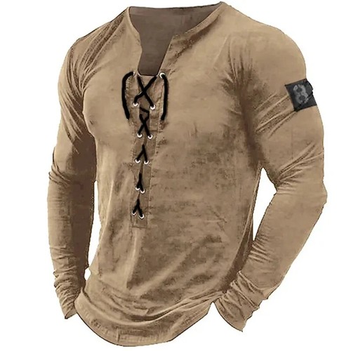 Vintage Lace Up Long Sleeve T-shirt Men Spring Autumn Casual Cotton Henry Collar - Picture 29 of 30