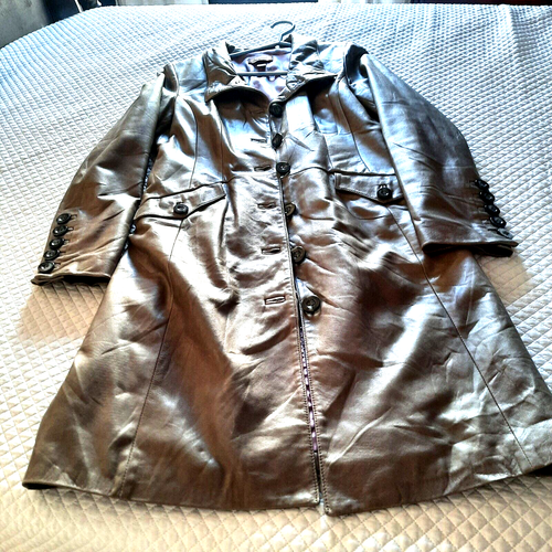 DANIER Womens Beautiful Design Knee Length Taupe Leather Coat SZ XS (7-8) - Picture 7 of 17