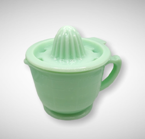 New Jadeite Green Glass Small Juicer Pitcher and Reamer Retro Depression Style New Jadeite Green Glass Small Juicer Pitcher and Reamer Retro Depression Style