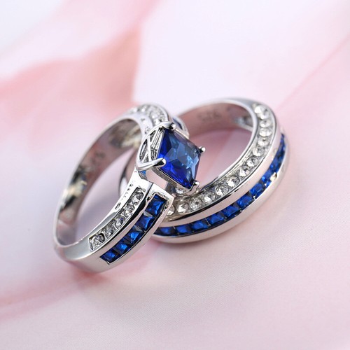 Blue Zirconia AAA Cz Anniversary Women's 925 Silver Engagement Ring Sets Sz 6-10 - Imagen 9 de 14