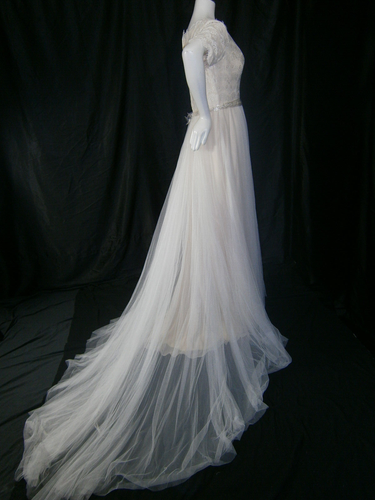 Rebecca Ingram Wedding Dress 14 Natural Chiffon Nude Tones Tulle Lace Bead Belt - Picture 3 of 16