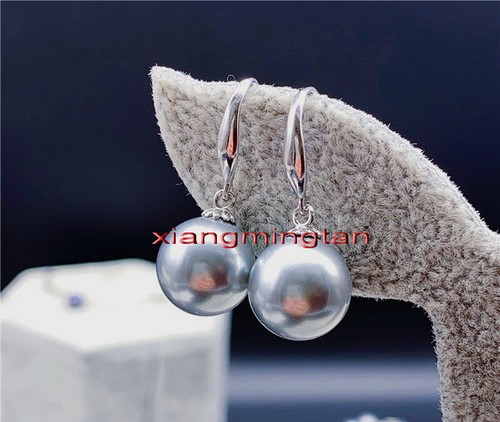 Top 18K GOLD 11-12MM NATURAL round real SOUTH SEA gray PEARL Dangle EARRINGS - Picture 3 of 5