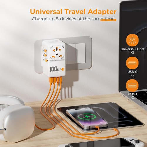 TESSAN 100W UNIVERSAL TRAVEL ADAPTER INTERNATIONAL PLUG 2 USB C AND 2 USB A - Picture 6 of 15