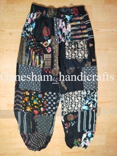 Black Patchwork Harem Pants, Boho Hippie Harem Pants, Wide Leg Bohemian Pant - Picture 4 of 4
