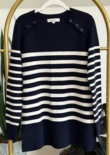 Ann Taylor Loft Navy Blue Striped Sweater Shoulder Buttons Nautical Sz Small