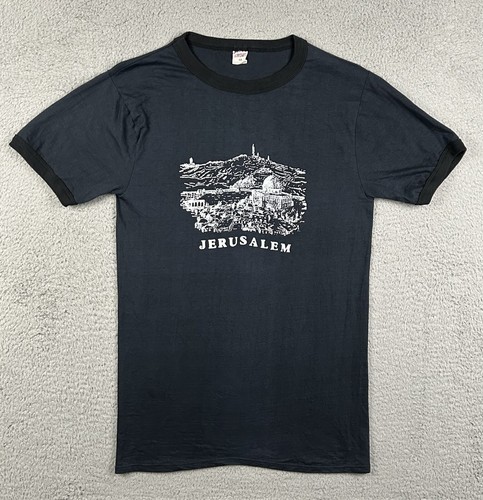 Vtg Jerusalem Front Print Lightweight Black T-Shirt Size S Tall Made In Israel