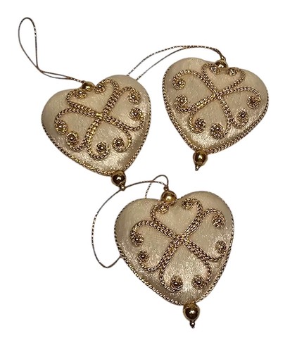 Set of 7 Embellished Cream Gold Velvet Heart & Finial Shaped Christmas Ornaments - Picture 4 of 12