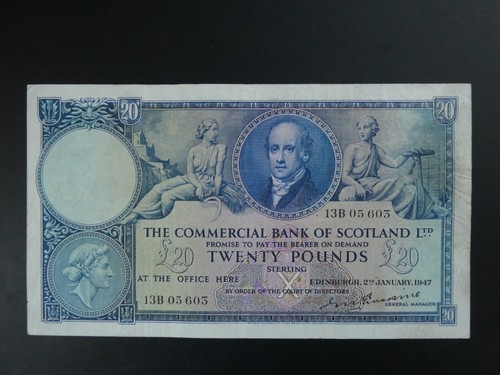 EARLY DATE 1947 COMMERCIAL BANK OF SCOTLAND £20 BANKNOTE CRISP GF