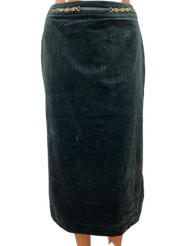 VTG CELINE Paris size XS Velvet Corduroy Midi Green Skirt LOGO Belt VINTAGE