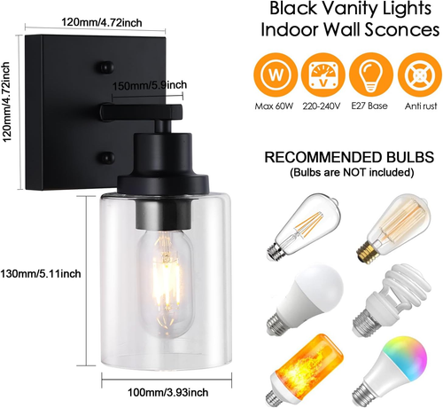 2Pack Wall Sconces for Bathroom, Black Modern Vanity Light Fixtures, Farmhouse W - Picture 2 of 9