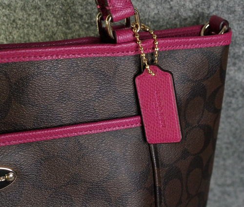 Coach F33998 Pocket Tote in Brown Signature Canvas with Pink Trim - Picture 3 of 12