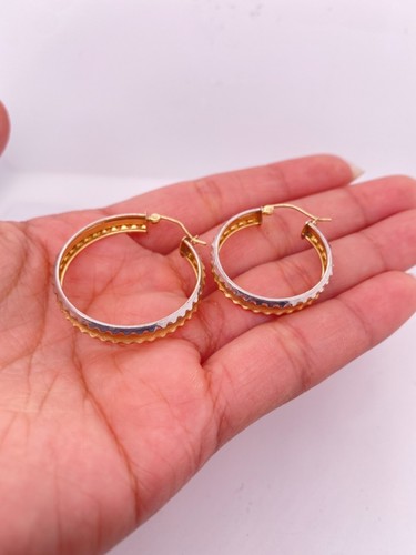 10K Tri-Color Gold Fancy Satin Finished Light Hoop Authentic Earrings - Picture 5 of 6