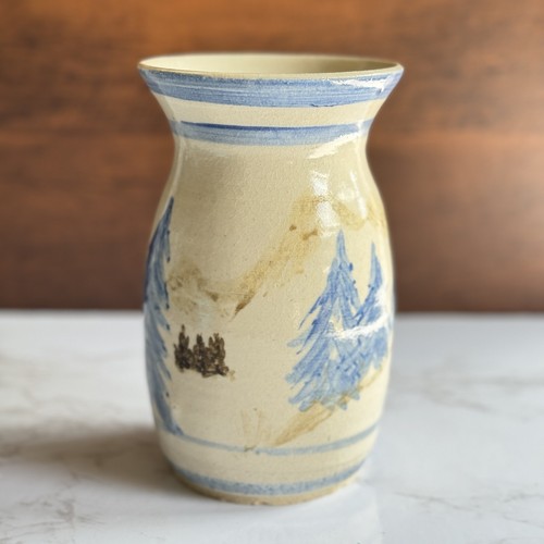 VTG Studio Art Pottery Signed Vase Blue Mountain Scene Landscape Hand Thrown - Picture 3 of 13