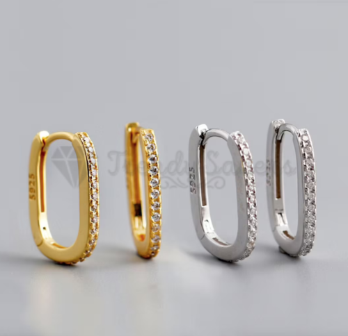 10MM 925 Sterling Silver Crystal Rectangle Sleeper Huggie Gold Hoop Earrings - Picture 4 of 38