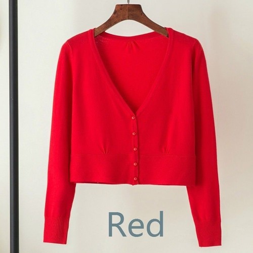 Ladies Knit Cardigan Sweater Crop Shrug Top Long Sleeve Button Down Retro Slim - Picture 11 of 17