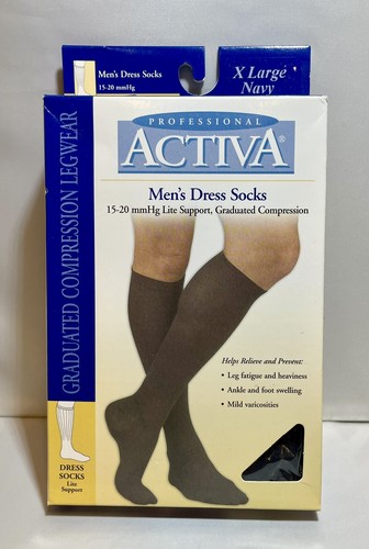 ACTIVA MEN’S 15-20 mmHg DRESS SOCKS Lite Support Graduated Compression XL Navy - Picture 1 of 4
