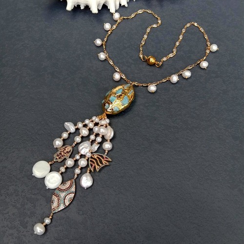Freshwater White Pearl Blue Larimar Pendant Cz Pave Rosary Chain Necklace - Picture 4 of 6