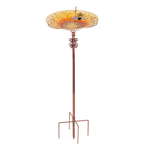Glass Pedestal Bird Bath for Outdoor Garden Wild Bird Feeder w/ Metal Stake - Picture 5 of 10