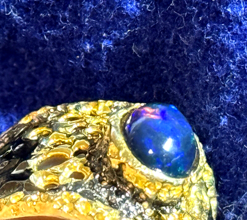 Natural Black Opal Ring 925 Sterling Silver Rhodium & Gold Size 7 Band - Picture 2 of 11